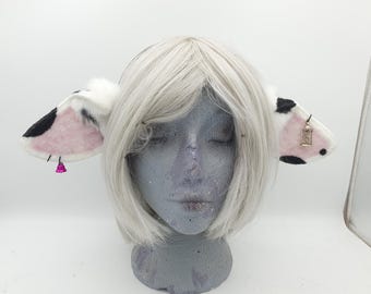 Diadema de orejas de piel sintética de vaca blanca con manchas negras: Furry/Kemonomimi/Otherkin/Therian/Cosplay