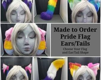 May include: A collage of Pride flag-themed ears and tails. The ears and tails are in various colors, including rainbow, pink, blue, and yellow. The text "Made to Order Pride Flag Ears/Tails" is also visible.