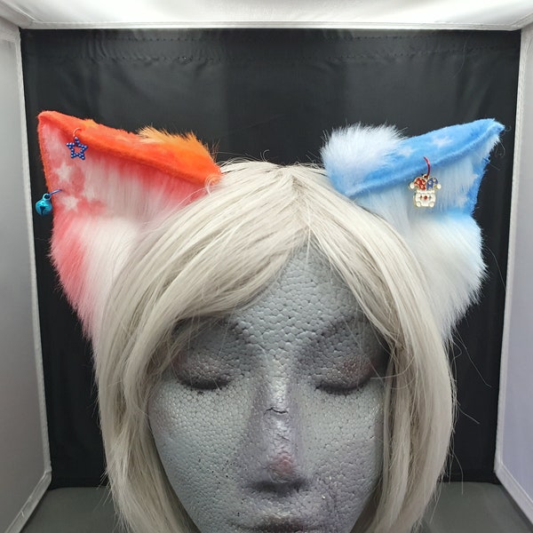 Half Orange with Red, Half Powder Blue with Blue and White Adult Fox Ear Headband