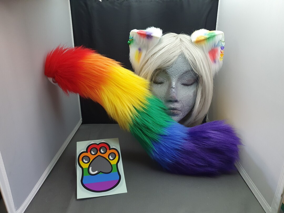 Rainbow Large Kitten Ear Headband, Tail and Print Set - Etsy