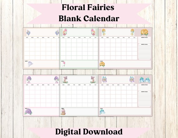 Printable Blank Calendar Digital Download Floral Fairies - Etsy