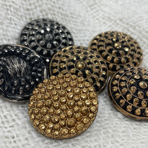 6 Modern Black Glass Buttons, Gold & Silver Lusters, Concentric Dotted Circles, Flower