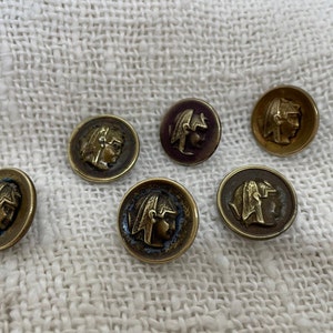 Antique Buttons, 6 Egyptian Queens, Stamped and Pressed, Tinted,  Exc. Cond.