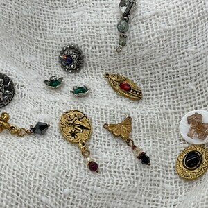 11 Antique Button Jewelry Findings,Necklace Bails, Angels Playing, Fleur de Lis