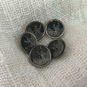 The Trumpeter of Cracow, 5 Antique Metal Pictorial Buttons, 9/16&quot;