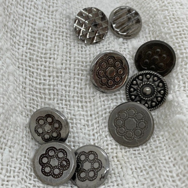 9 Antique Stainless Steel Buttons, 6 Matching, Dots, Stripes, Target