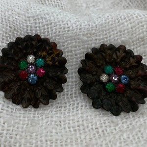 Pair Antique Fluted Metal Flowers w Multi-colored Prong-set Paste