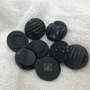 8 Antique & Vintage Black Glass Med Buttons, Imitation Fabric, Great Patterns