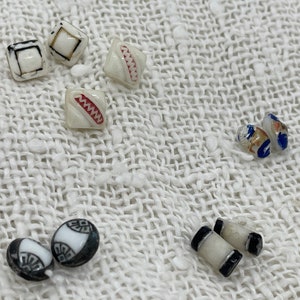 10 Diminutive White Glass Buttons, 1800s, 5 Pair Painted, Log, Square, Oval and Round