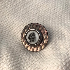 Antique Buttons Pin Pendant, Glass Berries, Carved Abalone Pearl in Steel Cup