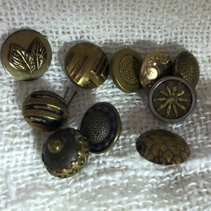 9 Antique Brass Buttons, Small 1800s, Leaves, Filigree Bezel