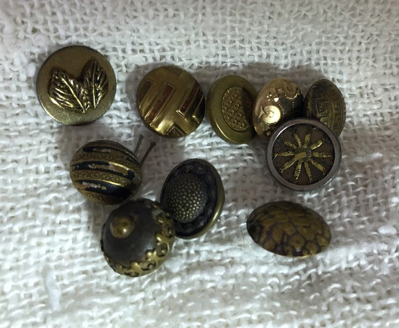 9 Antique Brass Buttons, Small 1800s, Leaves, Filigree Bezel 