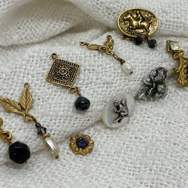 Victorian Jewelry Findings w Vintage Glass Cabs, Jewels, Leaves w Pearls, Necklace Centers, Fleur de Lis, 9 pieces