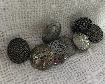 8 Antique Silver Buttons 5/8", Flowers, Wallpaper, Brains, Wire Loops