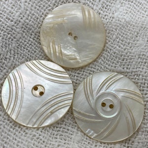 3 Large Antique Carved MOP Buttons, 1 7/16&quot;, 2-hole