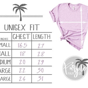 May include: Unisex t-shirt size chart with measurements in inches for chest and length. Sizes include XS, S, M, L, and XL.