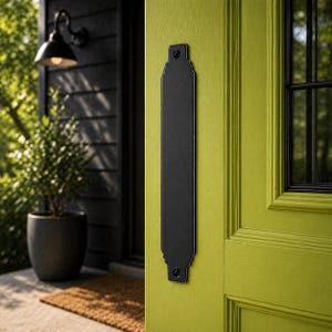 May include: A black door pull plate with decorative edges is mounted on a lime green door. The plate is rectangular and has a vertical orientation. The door is part of a home's exterior, with a porch light and potted plant visible.
