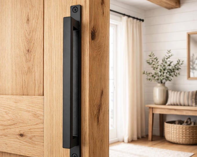 Industrial Barn Door Handle – Slim Steel Pull with Backplate – Made to Order