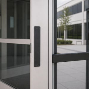 May include: A black metal door pull plate is mounted on a white door. The door is part of a glass and metal door frame. The door leads to an outdoor area with a building in the background.