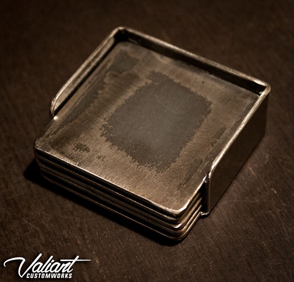 Beautiful Industrial 4 Steel Coasters Set of 4 with Optional Holder