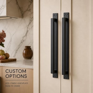 May include: Two black cabinet pulls fixed to a light beige cabinet door. The pulls are rectangular with a flat, matte finish. The image also includes the text "CUSTOM OPTIONS" and details about size, finish, and backplate.