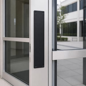 May include: A black door pull plate fixed to a white door. The rectangular plate is secured with four screws. The door is part of a glass and metal commercial entrance. The background shows a building and a tree.