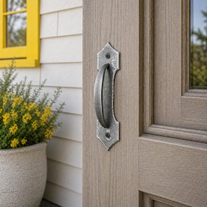 May include: A weathered, gray metal door pull with a curved handle is mounted on a light brown wooden door. The door pull has decorative, pointed ends and is secured with black screws. The door is part of an exterior entryway.