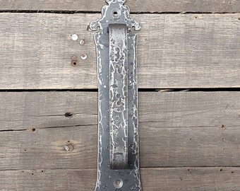 Old English Style Barn Door Handle - 3/4" x 1/4" Rectangle Steel on Hammered Backer - Loft Door, Industrial Door 10" - 20"