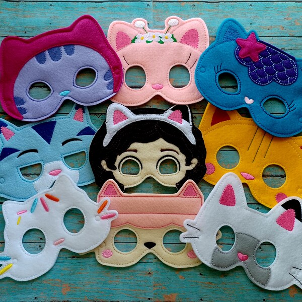 Preschool Dollhouse Felt Masks. Gabby, DJ Catnip, Catrat, Fairy, Cakey, Pillow, Paws, Kitty and MerCat TV Characters Felt With Elastic Band