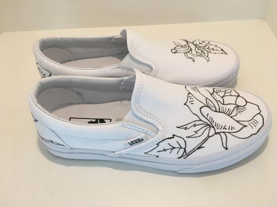 Custom Hand Drawn Rose Slip On Vans or 