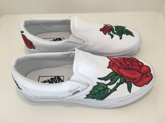 white slip on vans with roses