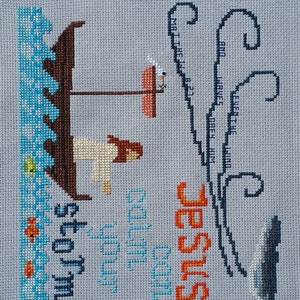 May include: Cross-stitch embroidery depicting Jesus in a boat on a stormy sea. The text reads "Jesus can calm your storm" and "Matthew 8:27" with a quote about the wind and waves obeying him.