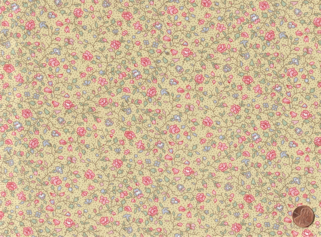 100 Cotton Fabric, by the Yard Light Yellow Floral Calico Print