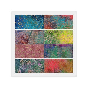 May include: A framed artwork featuring eight rectangular panels with colorful, abstract batik patterns. The panels showcase a variety of designs, including floral, geometric, and swirling motifs, in shades of blue, green, red, and gold. The artwork is framed in white.