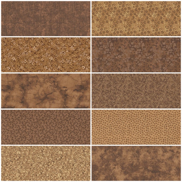 Fat Quarter Bundle, 100% Cotton Fabric - Lot of 10 Brown & Golden Brown Colors, Quilting Sewing Craft Projects, 18" x 22"