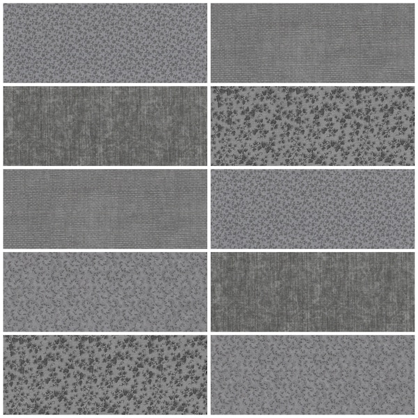 Fat Quarter Bundle, 100% Cotton Fabric - Lot of 10 in Steel Gray Colors, 5 Prints 2 Each, Quilting Sewing Crafts - 18" x 22"