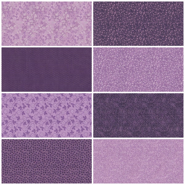 Fat Quarter Bundle, 100% Cotton Fabric - Lot of 8 Purple Lavender Lilac Prints, Quilting Sewing Craft Projects - 18" x 22"