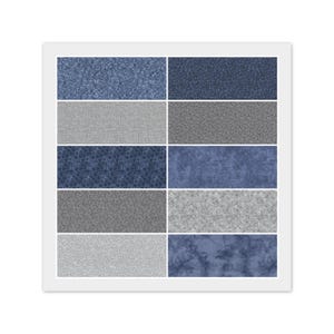 May include: A collection of ten rectangular fabric swatches arranged in a grid. The patterns include various shades of blue and gray, featuring designs such as swirling lines, mottled textures, small floral prints, and solid-looking woven weaves.
