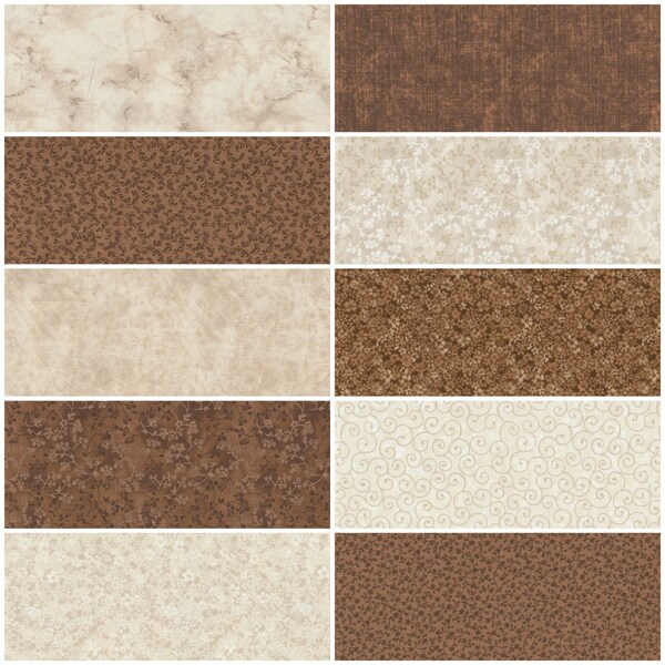Fat Quarter Bundle, 100% Cotton Fabric - Lot of 10 Brown & White on Natural Beige, Quilting Sewing Craft Projects, 18" x 22"
