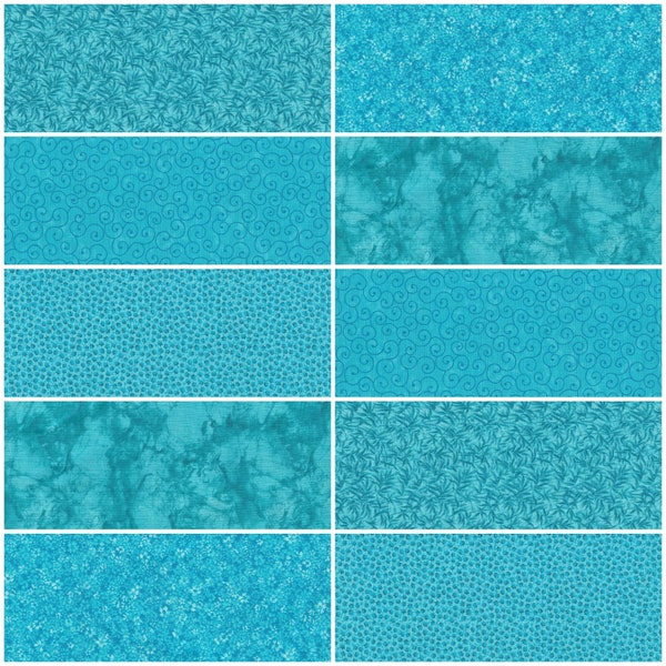 Fat Quarter Bundle, 100% Cotton Fabric - Lot of 10 Turquoise Blue, 5 Prints, 2 Each - Quilting Sewing & Craft Projects, 18" x 22"