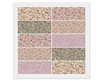 May include: A framed print featuring twelve fabric swatches with floral patterns. The swatches display various color schemes, including pink, green, and yellow, with small, detailed flower designs. The overall aesthetic is vintage and feminine.