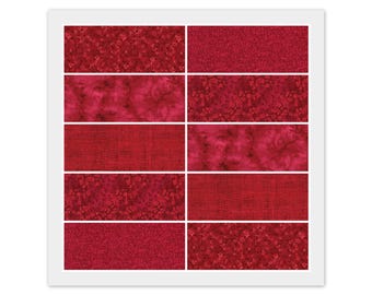 May include: A collection of ten rectangular fabric swatches arranged in a grid, all featuring various shades of red. The patterns include floral motifs, mottled textures, solid-looking weaves, and subtle glittery finishes in deep crimson tones.
