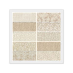 May include: A framed display of fabric swatches in various neutral tones. The samples include textures like linen, marble, and floral patterns, in shades of beige, cream, and light brown. The arrangement showcases a range of design options for textiles and home decor.