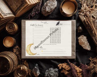 May include: A flat lay featuring a planner with the text "Habits I'm Learning" and a raven illustration. The planner is surrounded by crystals, candles, and antique books, creating a mystical aesthetic. The color palette is dark with gold accents.