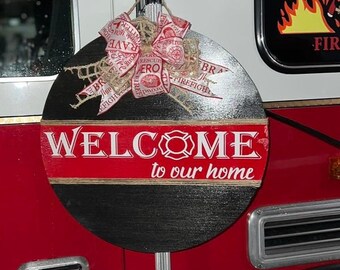 Welcome Fire Sign Firefighter Welcome Front Door Sign | Front Door Decor | Round Door ...