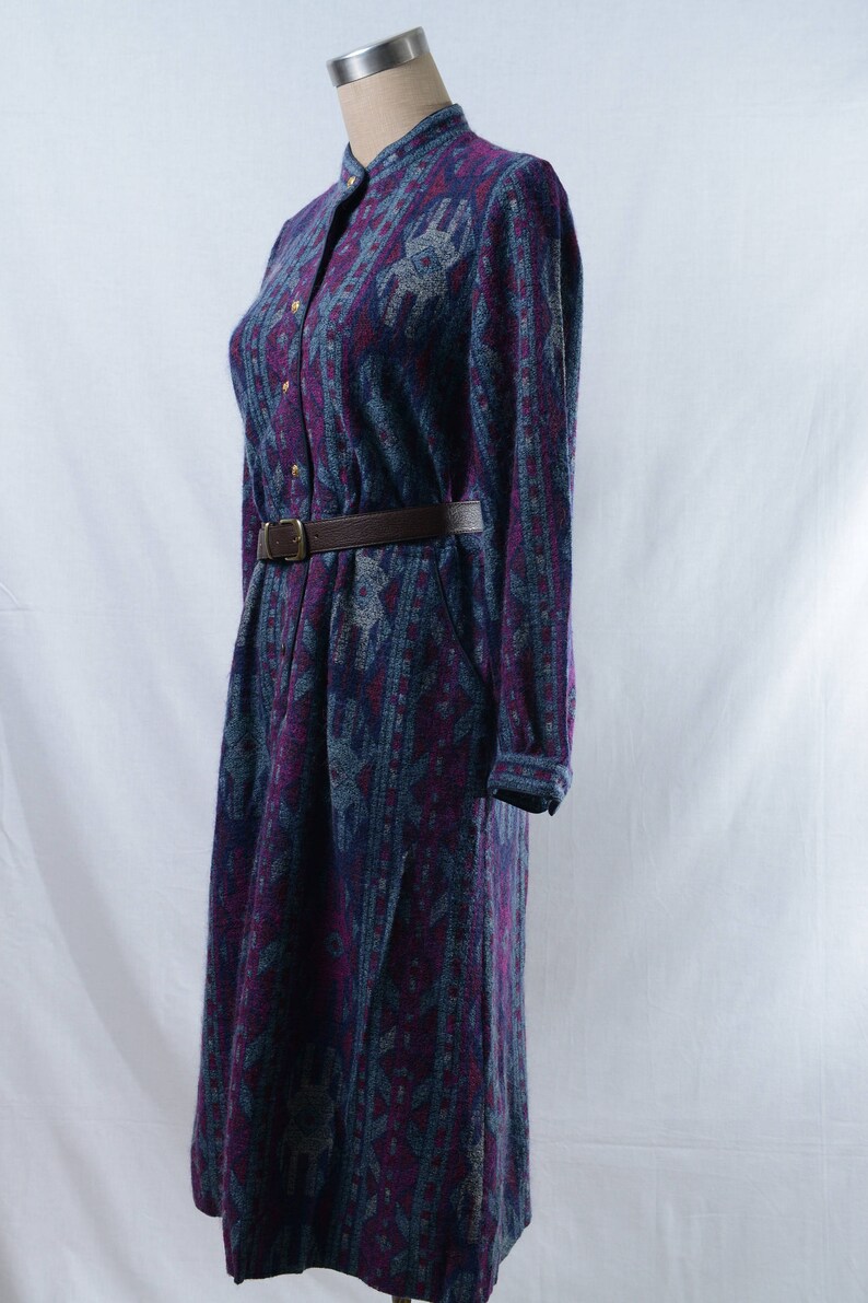 Vintage purple blue ethnic pattern dress with gold tone button