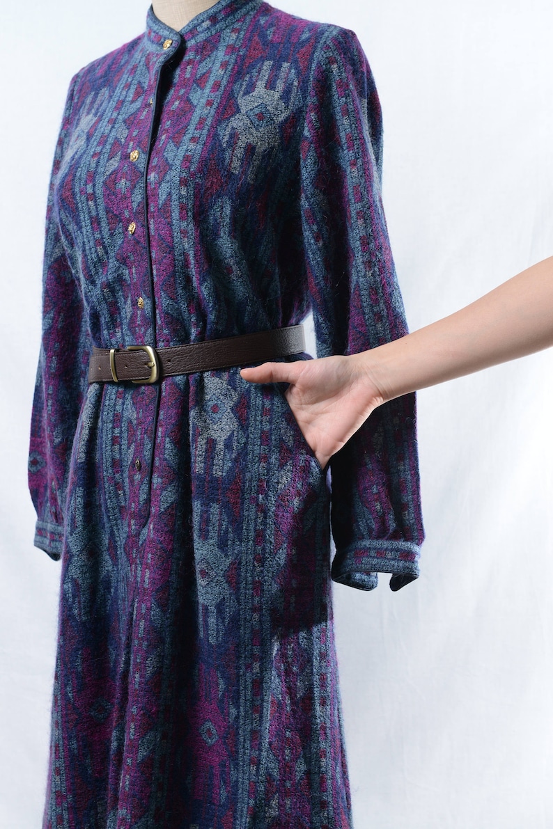 Vintage purple blue ethnic pattern dress with gold tone button