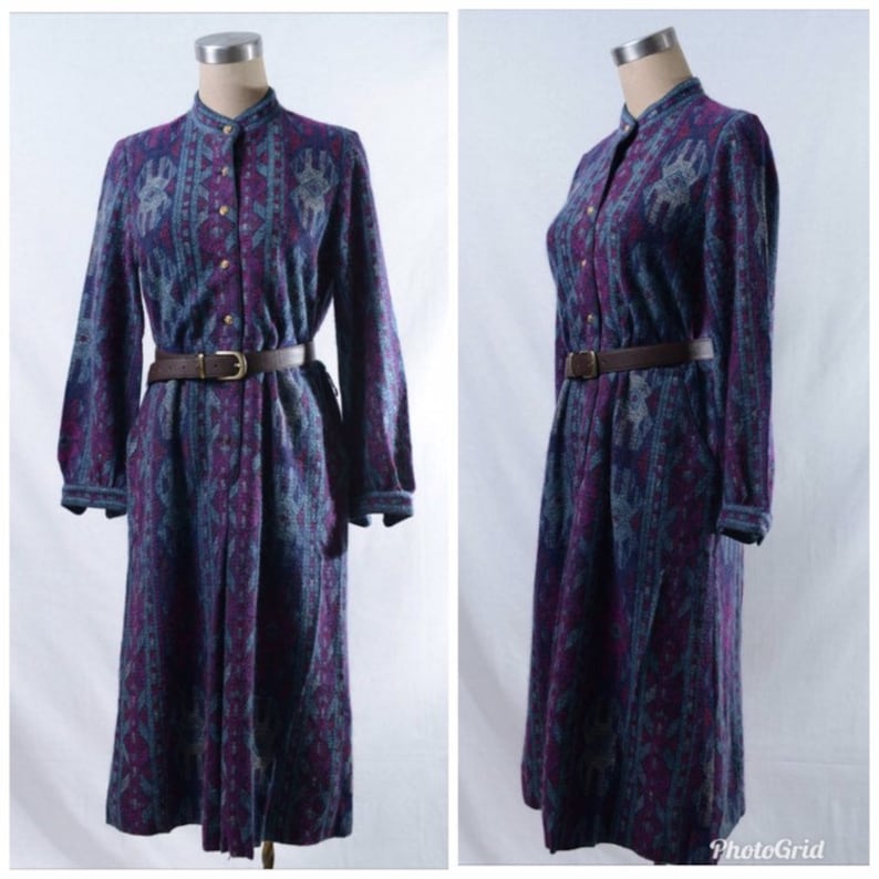 Vintage purple blue ethnic pattern dress with gold tone button
