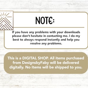 May include: A digital shop notice with a geometric design in the top left corner. The text reads: "NOTE: If you have any problems with your downloads please don't hesitate in contacting me. I do my best to always respond instantly and help you resolve any problems. This is a DIGITAL SHOP. All items purchased from DesignsbyFaby will be delivered digitally. No items will be shipped to you."