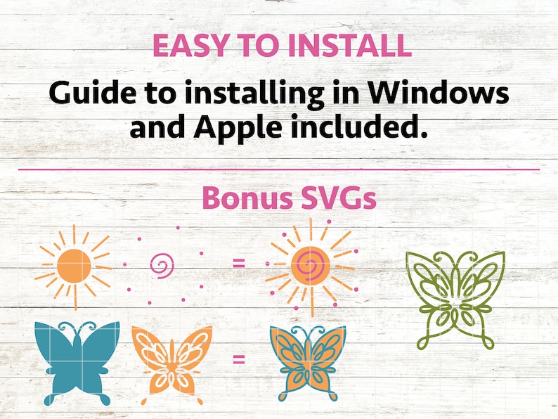 May include: A digital download of SVG files for crafting. The image shows a sun, a swirl, and a butterfly in different colors. The text "Bonus SVGS" is at the top of the image.